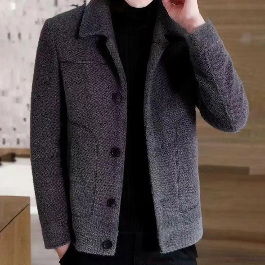 

Casual Men Jacket Winter Jacket with Velvet Lining Thickened Slim Fit Men's Jacket with Lapel Design Side Pockets for Men