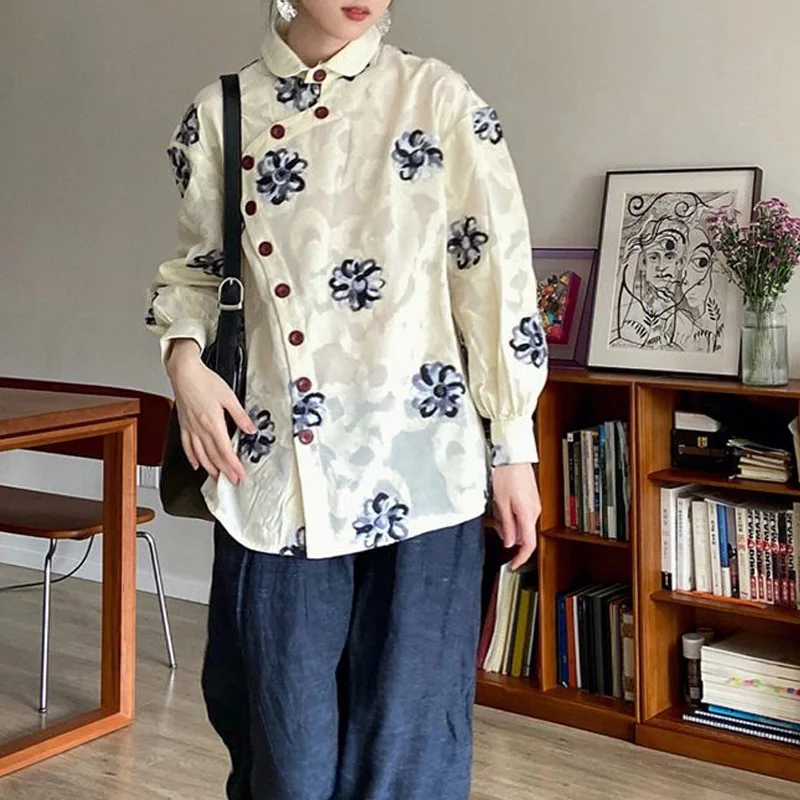 2023 Spring and Autumn New Chinese Style Chinese Style Retro Art Plate Flower Print Design Sense Small and Loose Relaxed Shirt