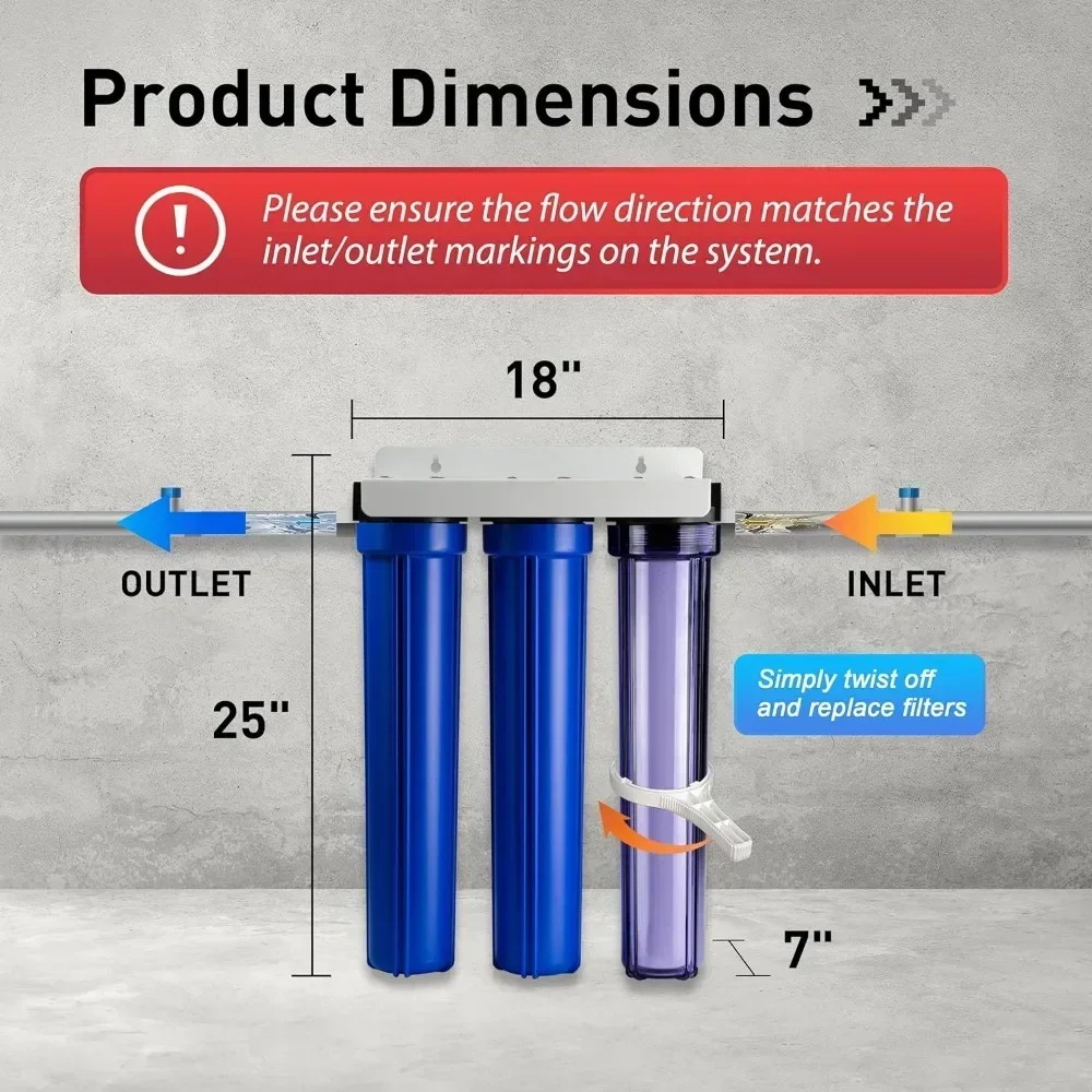 Whole House Water Filter System, Reduces Chlorine,Sediment,Taste,Odor, 3-Stage Water Filtration System W/ 20"x2.5" Filters