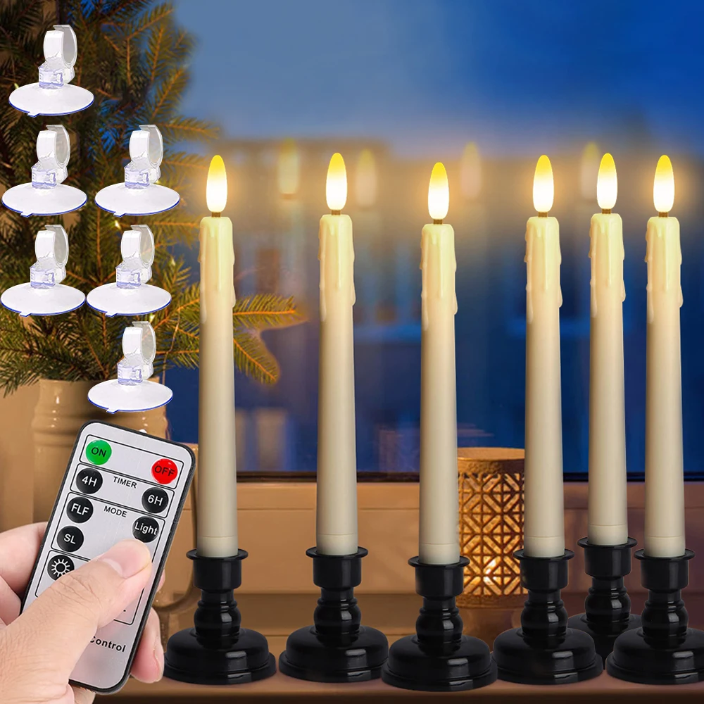 

LED Taper Candles Flameless Flickering With Candle Holder&Sucker Christmas NewYear Home Decorations Window Candles 4H/6H Timing