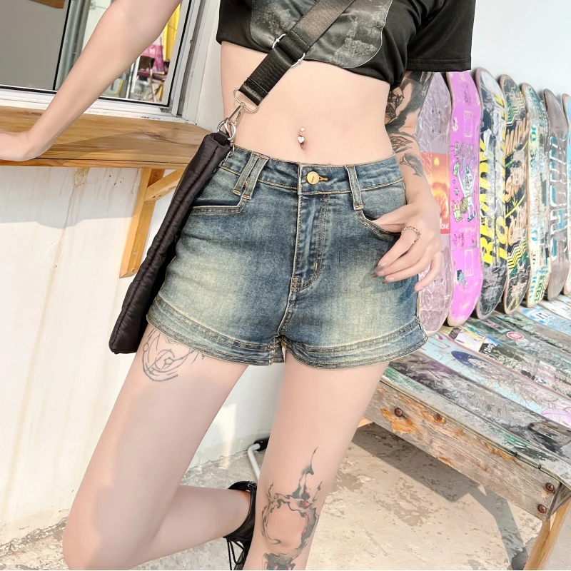 2023 Denim Shorts Women's Blue Commuter Free Shipping Summer New Spicy Girl Retro Made Old and Slim Fit Elastic Tight Wrap Hip