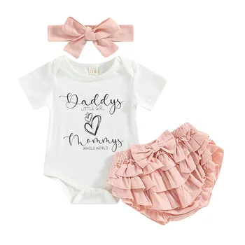 Baby Girl 3Pcs Father's Day Clothing Short Sleeve Round Neck Letters Print Bodysuit Tops Skirt Head Band 6