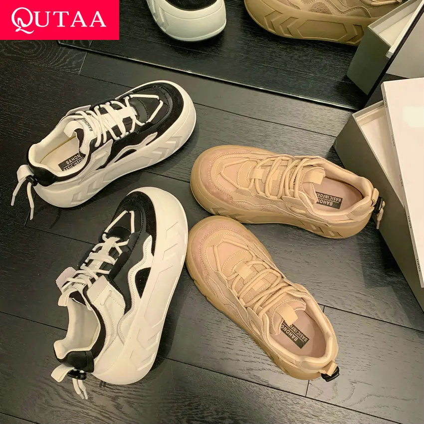 

QUTAA 2023 Genuine Leather Women Sneakers Round Toe Platform Summer Women High Heel Shoes Lady Casual Shoes Woman Size 35-39