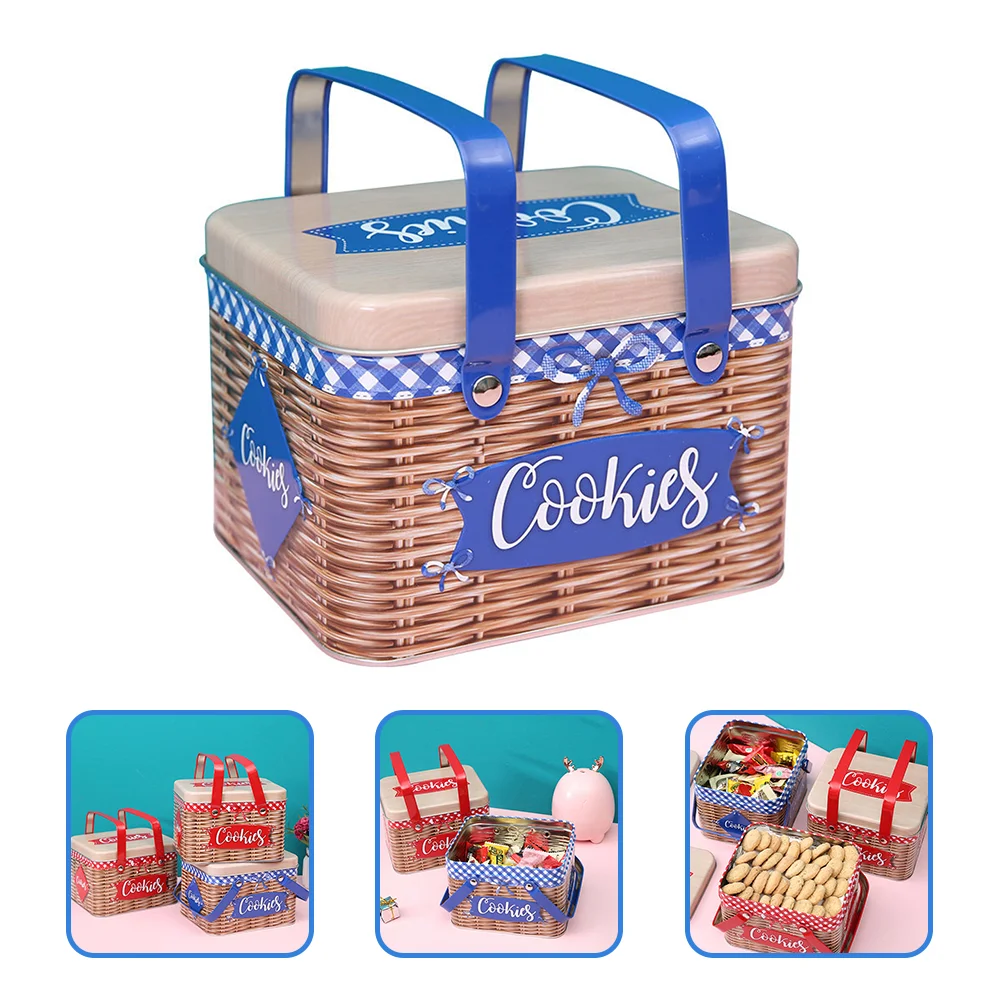 

Biscuit Box Rectangle Metal Candy Tin Round Containers with Lids Handle Imitation Rattan Wedding Decor Cookie Tinplate