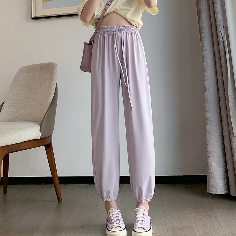 Women's Spring Autumn Elastic High Waisted Drawstring Casual Sports Pockets Solid Harlan Lantern Tie Trousers Sweet Pants
