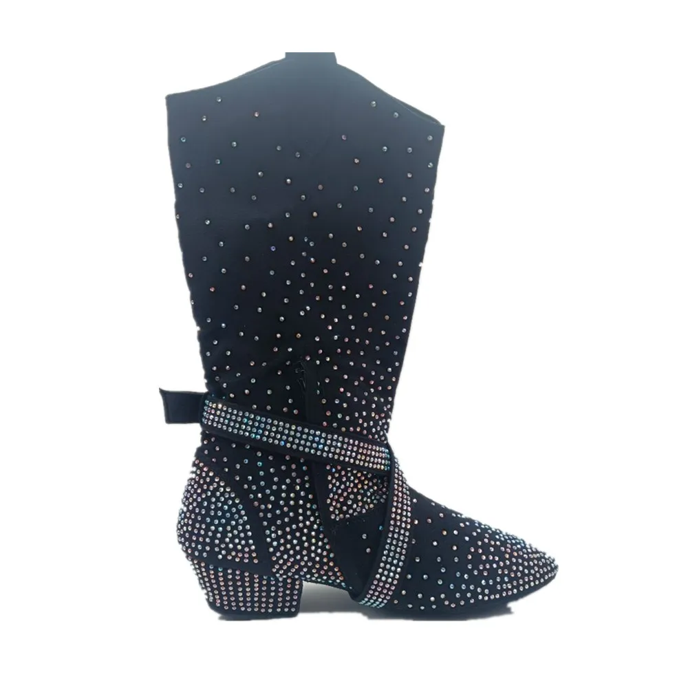Practice OEM Latin Dance Boots Black Rhinestone Soft Latin Salsa Ballroom Party Dancing Shoes Black Sport Party Dance Boot Shoes 2