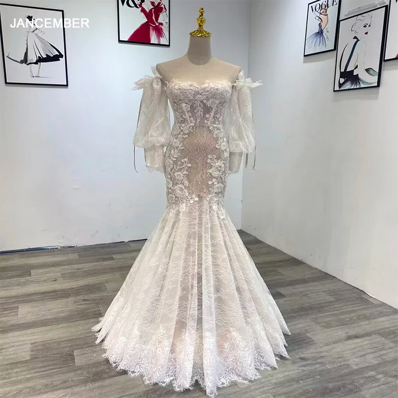 

Jancember Flash Sale Elegant Wedding Gown For Bride 2024 Full Sleeves Wedding Dress Zipper Mermaid Lace Robe De Mariée WM50