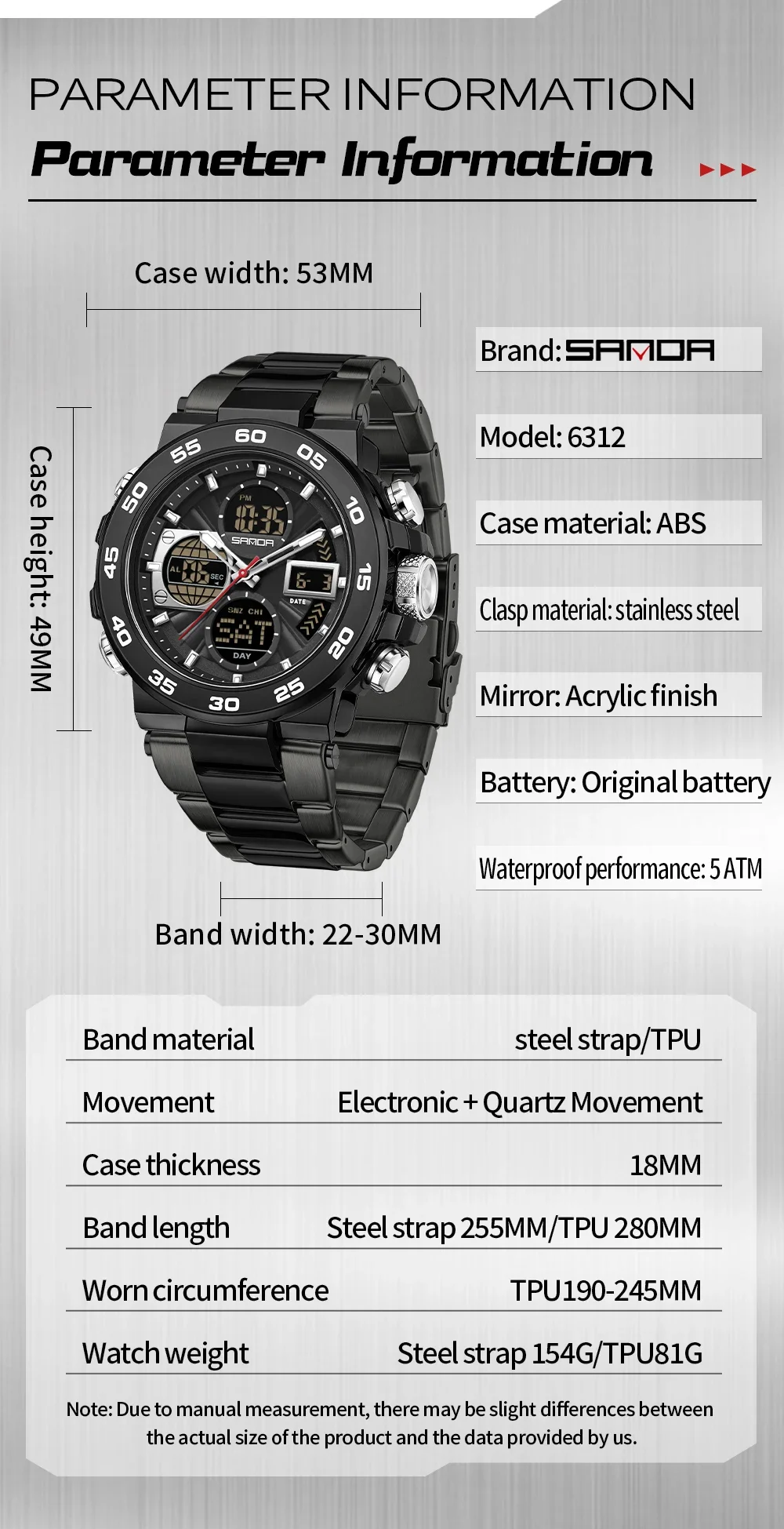 SANDA 6312 Fashion Popular Men's Watch Multi functional Large Dial Waterproof Electronic Quartz Watch Dual Display Student Watch view 4
