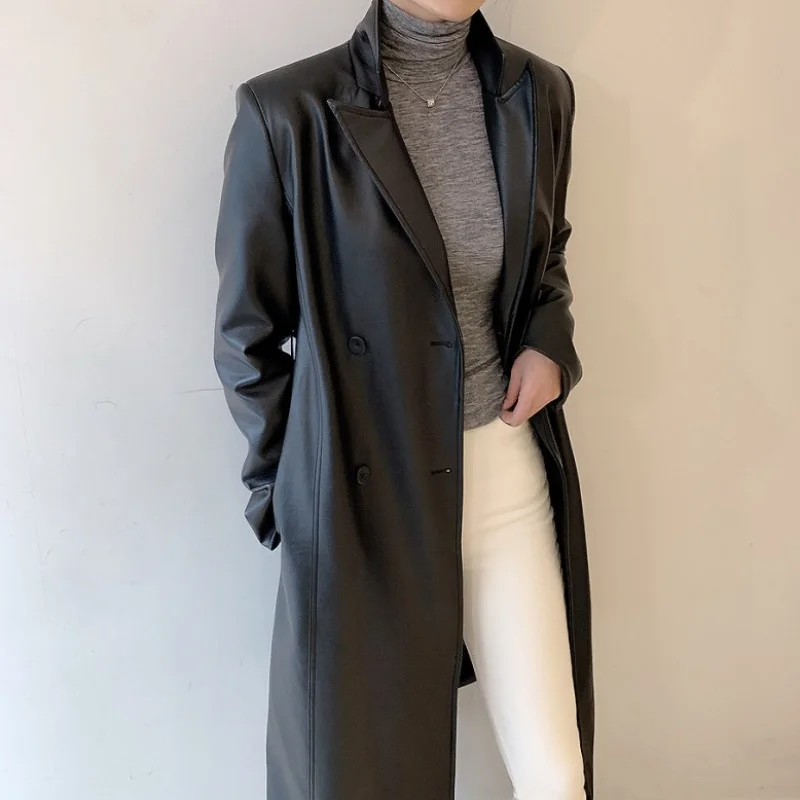 PU Leather Women's Trench Coat Vintage Notched Collar Double-breasted Belted Overcoat Causal Long Leather Jacket chaqueta cuero