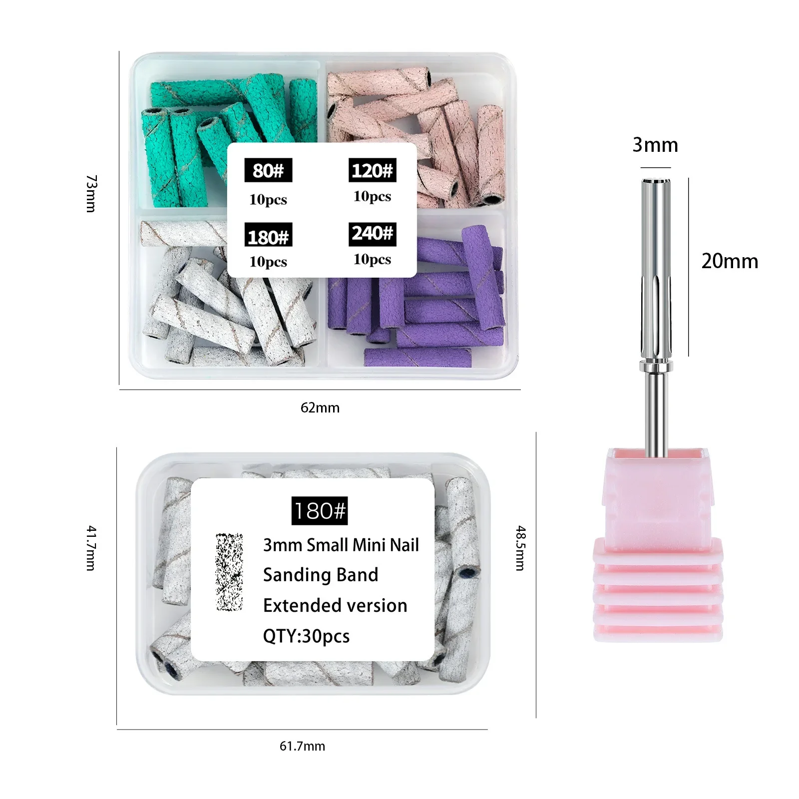 30/40PC 3mm Mini Extra Long Sanding Bands Sets For Acrylic&Polish Gel Removal 80#120#180#240# Stainless Steel Cuticle Drill Bit 6