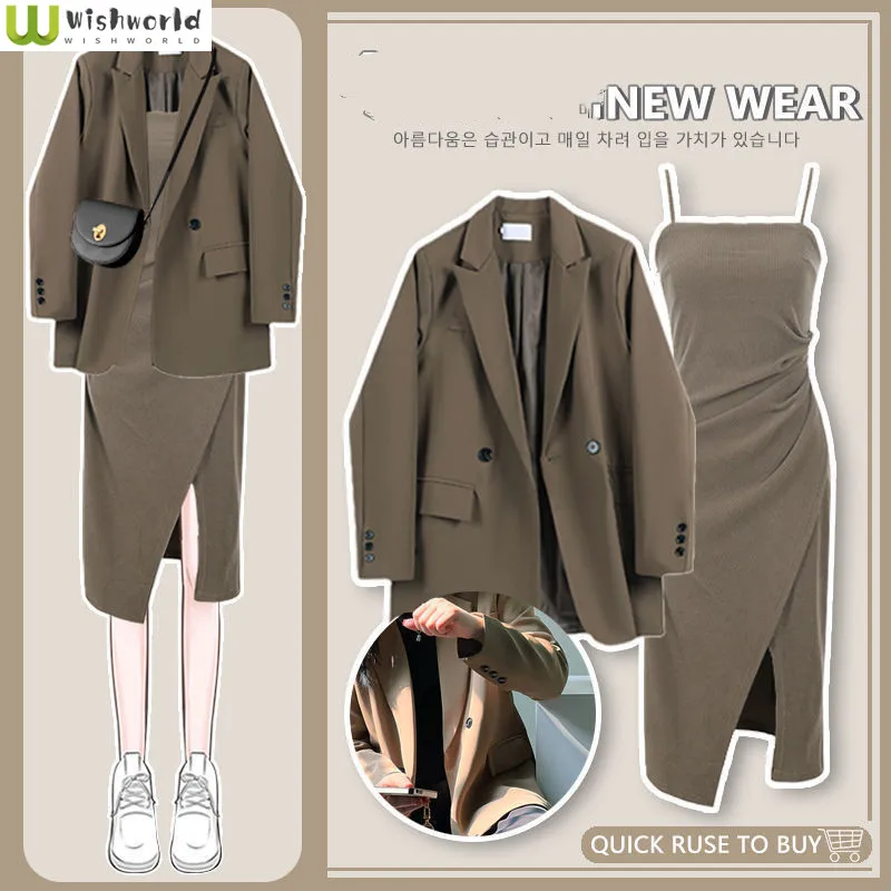 

Spring and Autumn Set Women's New Korean Edition Suit Coat with Loose Slimming and Age Reducing Dress Two Piece Set