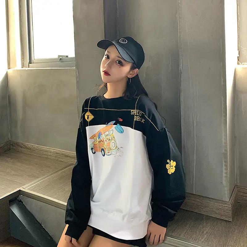 Fashion Printing Letter Cartoon Casual Sweatshirts Female Clothing 2023 Autumn Oversized All-match Pullovers Korean Sweatshirts