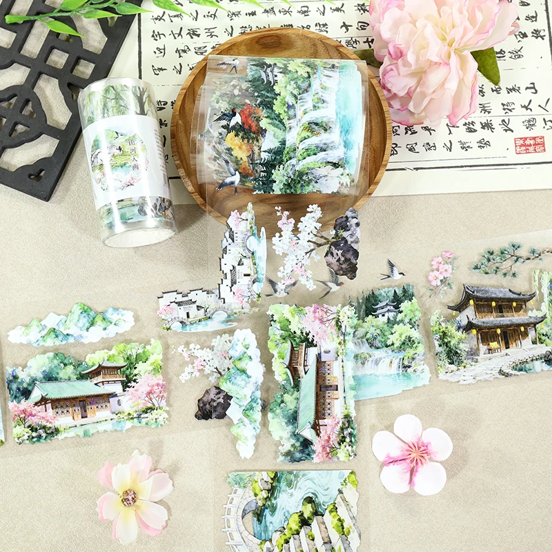 80mm * 200cm 빈티지 마운틴 리버 타워 풍경 PET 테이프 크리 에이 티브 DIY 저널 재료 콜라주 스크랩북 편지지