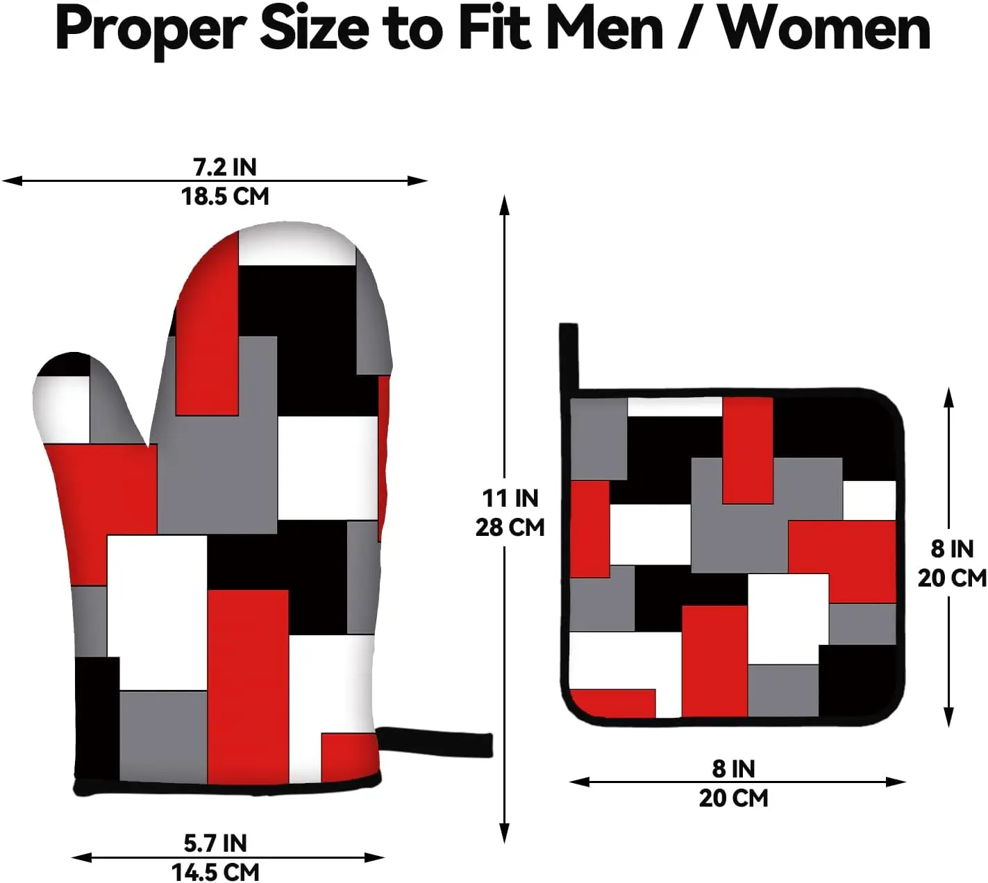 Red Black Grey White Oven Mitts and Pot Holders Sets of 4 Geometric Heat Resistant Gloves for Kitchen Baking Cooking Grilling