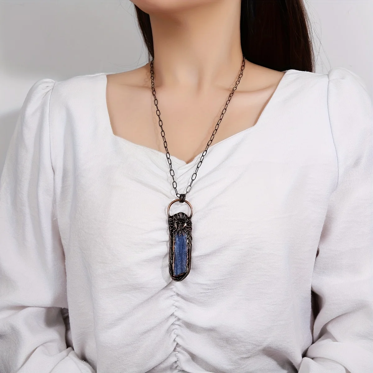 YEEVAA 1pc Boho Natural Blue Crystal Stone Inlaid With Sun/ Moon And Star Pendant Necklace Jewelry For Women