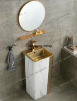 อ่างล้างหน้าทรงกลมสีทองดำพร้อมขาตั้ง อ่างเซรามิกสำหรับห้องน้ำ 1