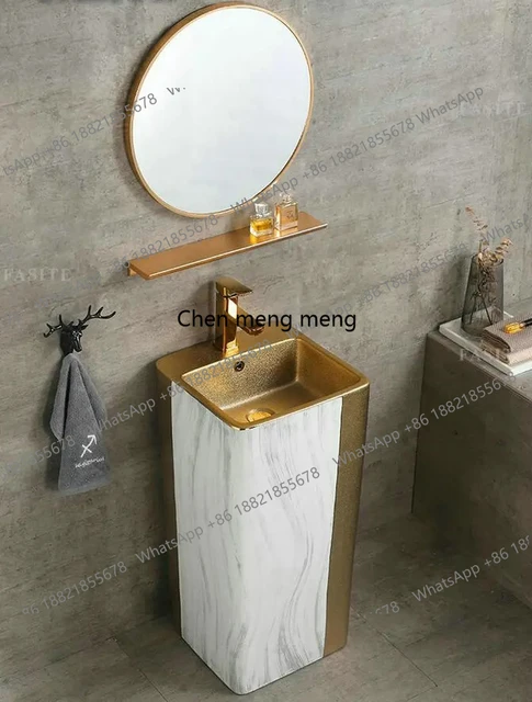 อ่างล้างหน้าทรงกลมสีทองดำพร้อมขาตั้ง อ่างเซรามิกสำหรับห้องน้ำ 1