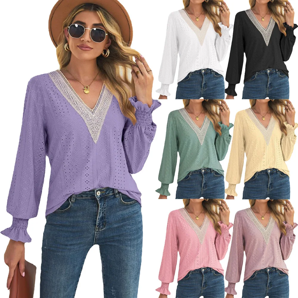 Women's Monochromatic Lace V-Neck Long Sleeved T-shirt, Casual Top, Autumn and Winter