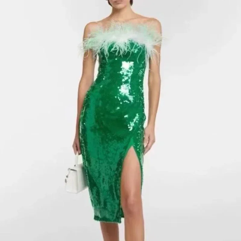 

New Arrival High Quality 2024 Women Spring Summer Green Fur Chest Shining Sequined Slit Tube Knee Length Dress