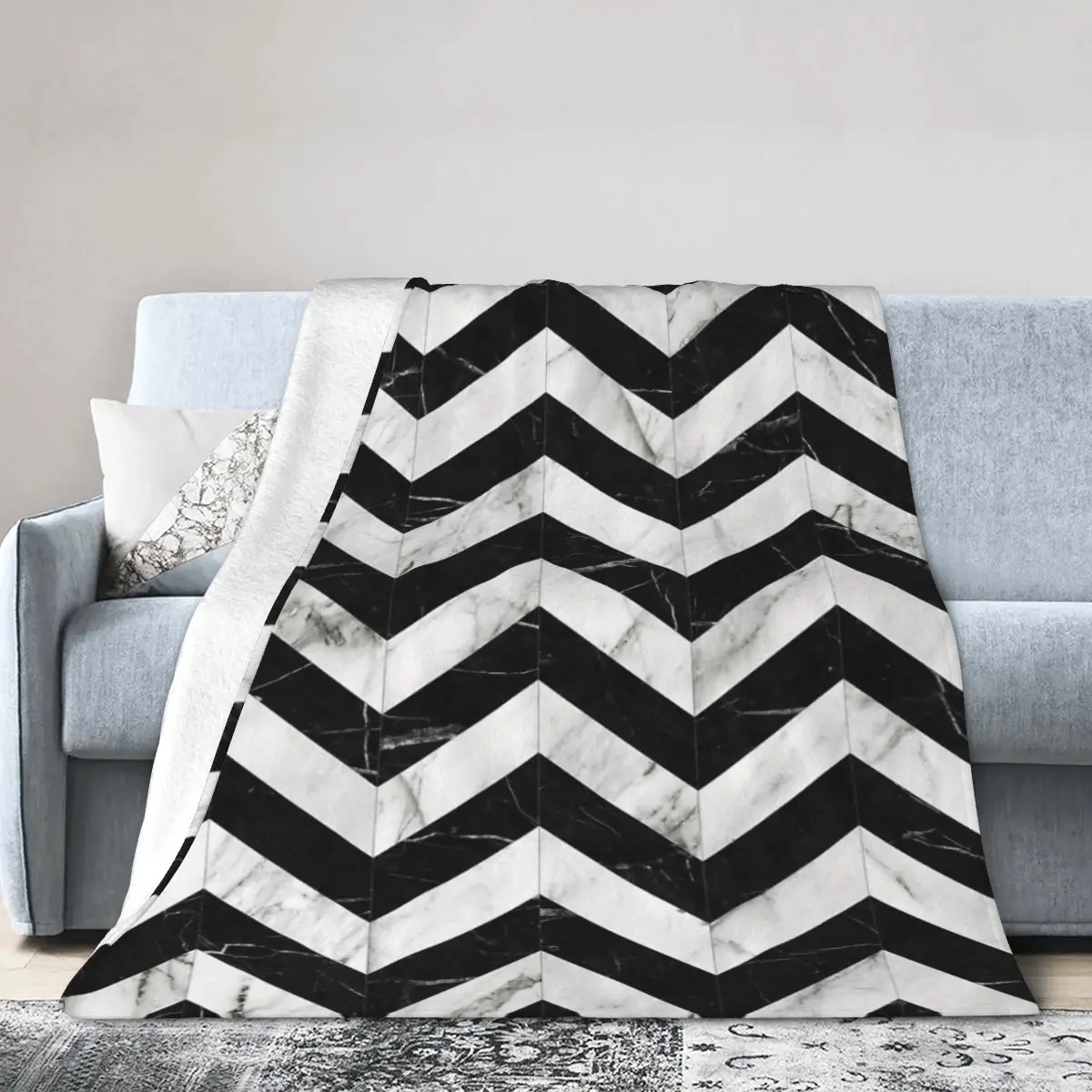 

Marble Chevron Pattern - Black And White Bed Blanket Bed Covers Luxury Blanket Flannel Blanket Air conditioning blanket