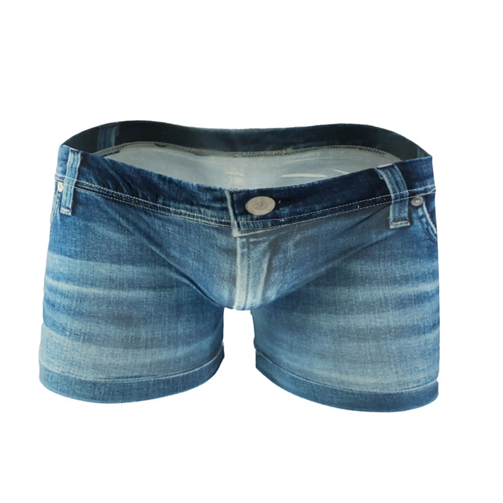 

Men Big Erotic Pouch Ice Silk Sexy 3D Printed Shorts Fake Jean Underwear Boxer Briefs U Convex Pouch Cotton Underpants Panties