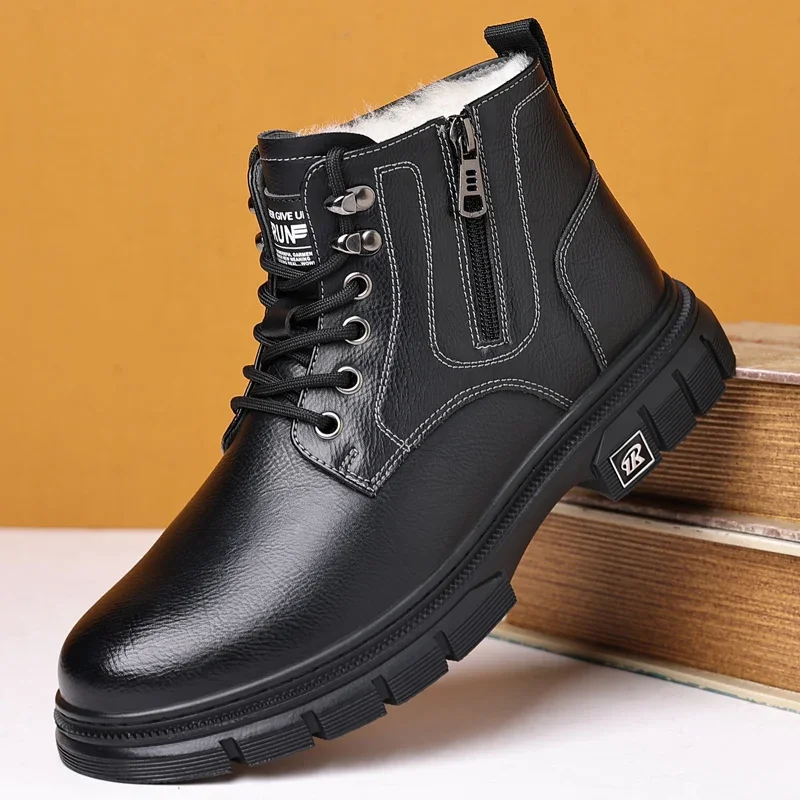 

High Quality Men Casual Leather Boots Luxury High Top Thick Bottom Designer Shoes Antiskid Outdoor Hard Wearing Motorcycle Shoes