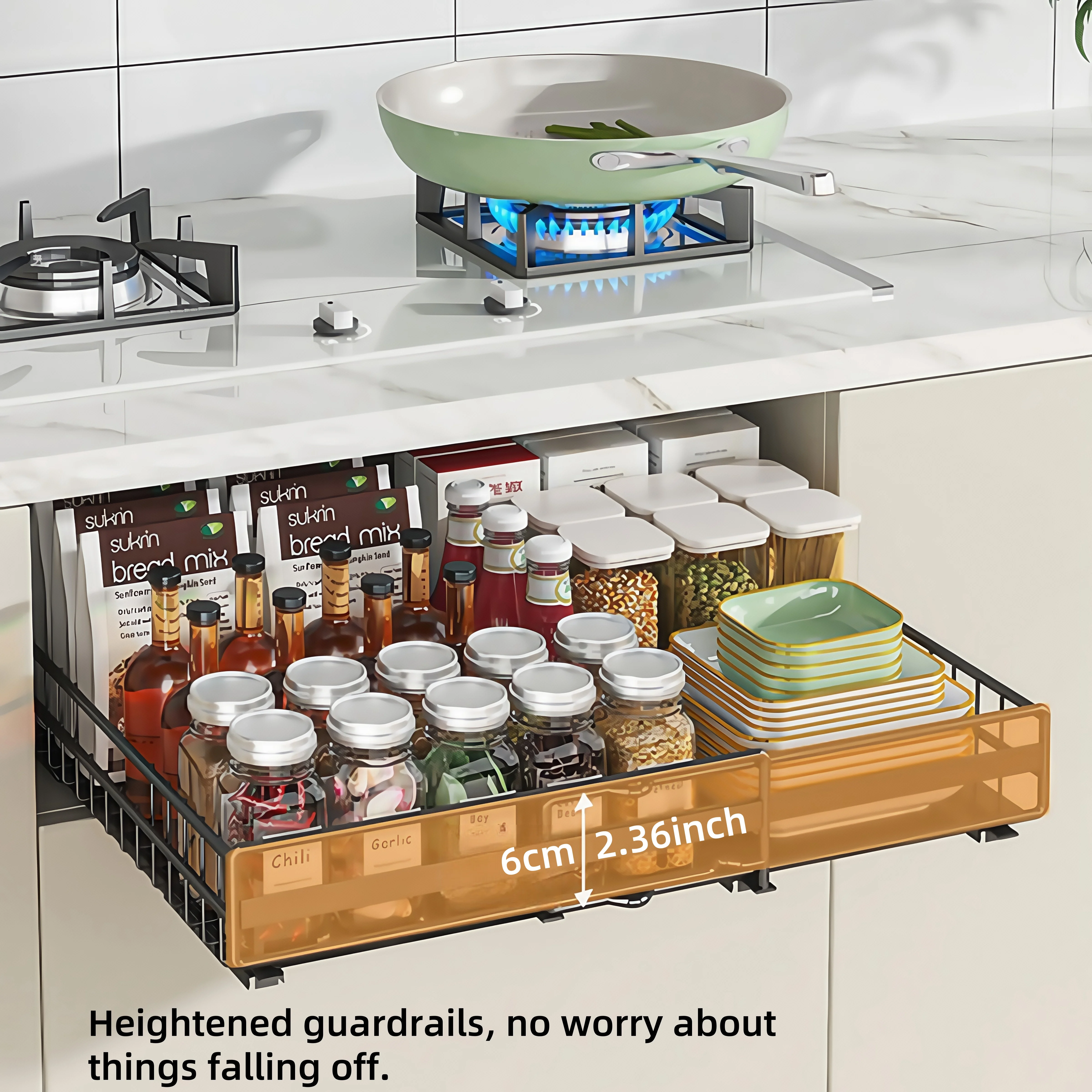 Pull-Out under the Cabinet Storage Straw Kitchen Organizer Rack for Utensils Cutlery Maximizing Space,Width Extendable 6
