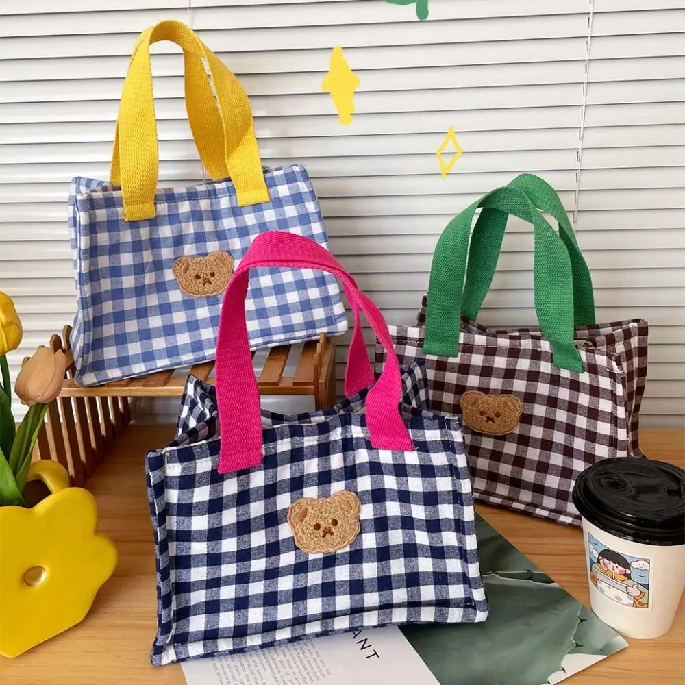 Cartoon Plaid Bear Lunch Bag Lightweight Handheld Bag Korean Style Handbag Fashion Design Large Capacity Small Tote