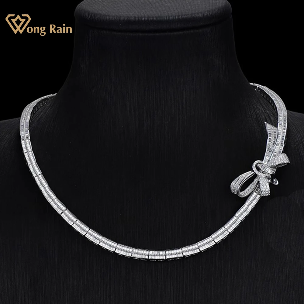Wong Rain Luxury 925 Sterling Silver Lab Sapphire Gemstone Sparkling Bowknot Charm Chain Necklace Fine Jewelry Anniversary Gifts