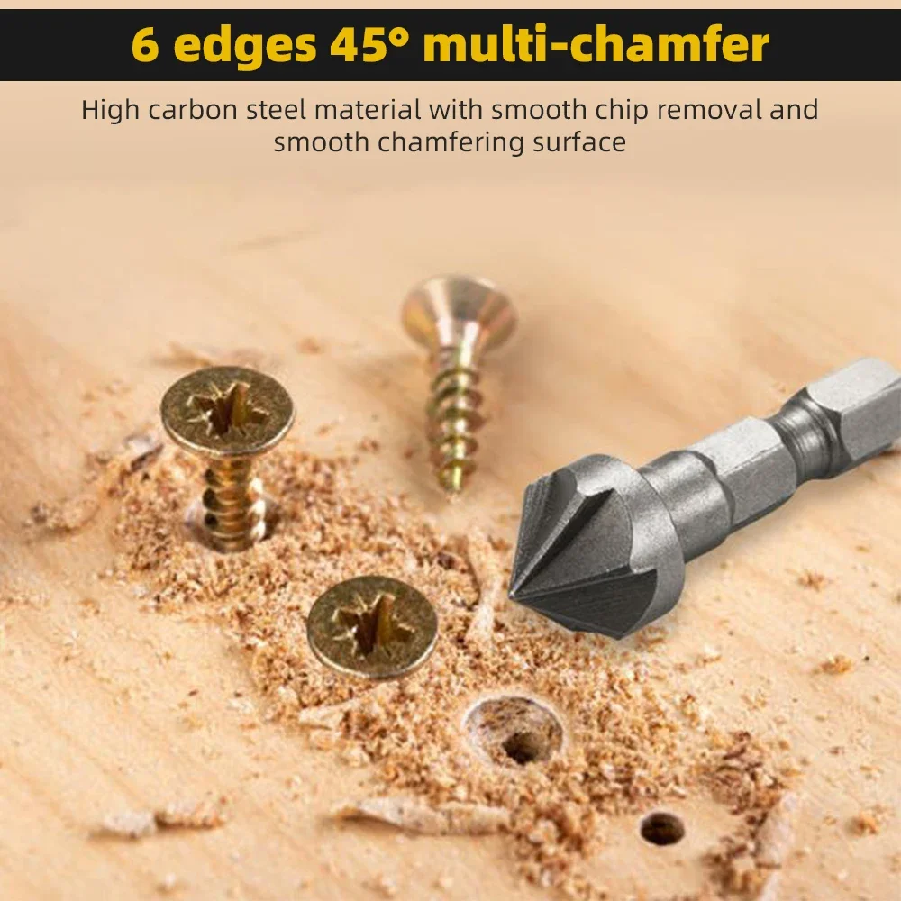 1/3PCS Hexagonal Shank Six-Blade Woodworking Chamfering Tool Carbon Steel Sandblasting Chamfering Knife Hole Opener Countersink