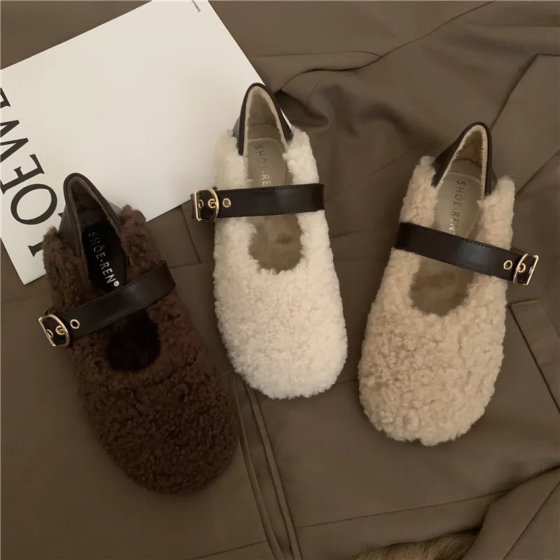 

Lambswool Moccasins Femme Metal Buckle Belt Plush Flats Warm Cotton Loafers Curly Sheep Fur Mary Janes Winter Shoes Women 2022