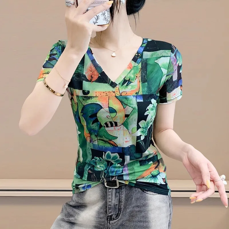 Summer European Clothing Tee Women s 2025 Fashion Mesh Geometry Printed summer-european-clothing-tee-women-s-2025-fashion-mesh-geometry-printed