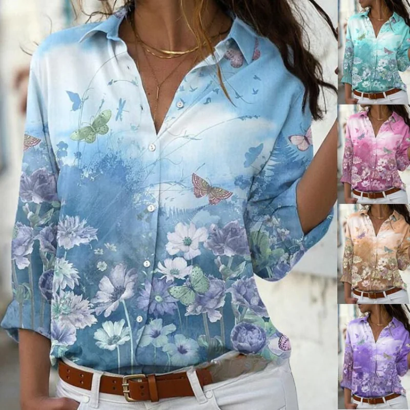 

Printed Elegant Women Shirt Loose Lapel Single Breasted Casual All-match Female Shirts 2023 New Spring Summer Long Sleeve Tops