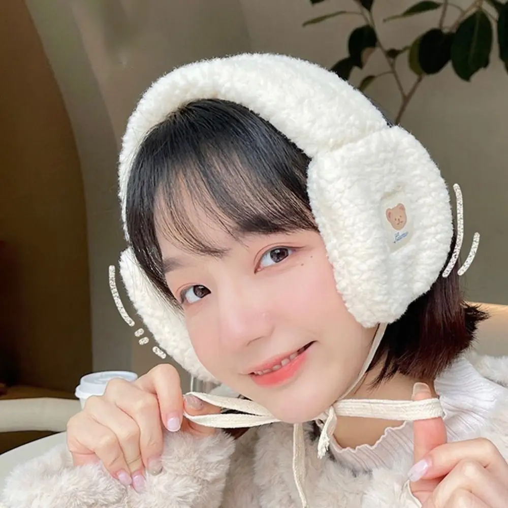 Cute Bear Tie Plush Earmuffs Windproof Foldable Ear Warmer Outdoor Riding Cold Protection Soft Plush Earflap Winter