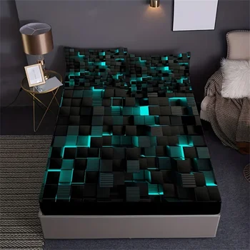 Set di lenzuola con angoli con stampa artistica a geometria visiva 3D con griglia rossa, coprimaterassi, set di biancheria da letto morbido e traspirante con tasca profonda per la camera da letto 1