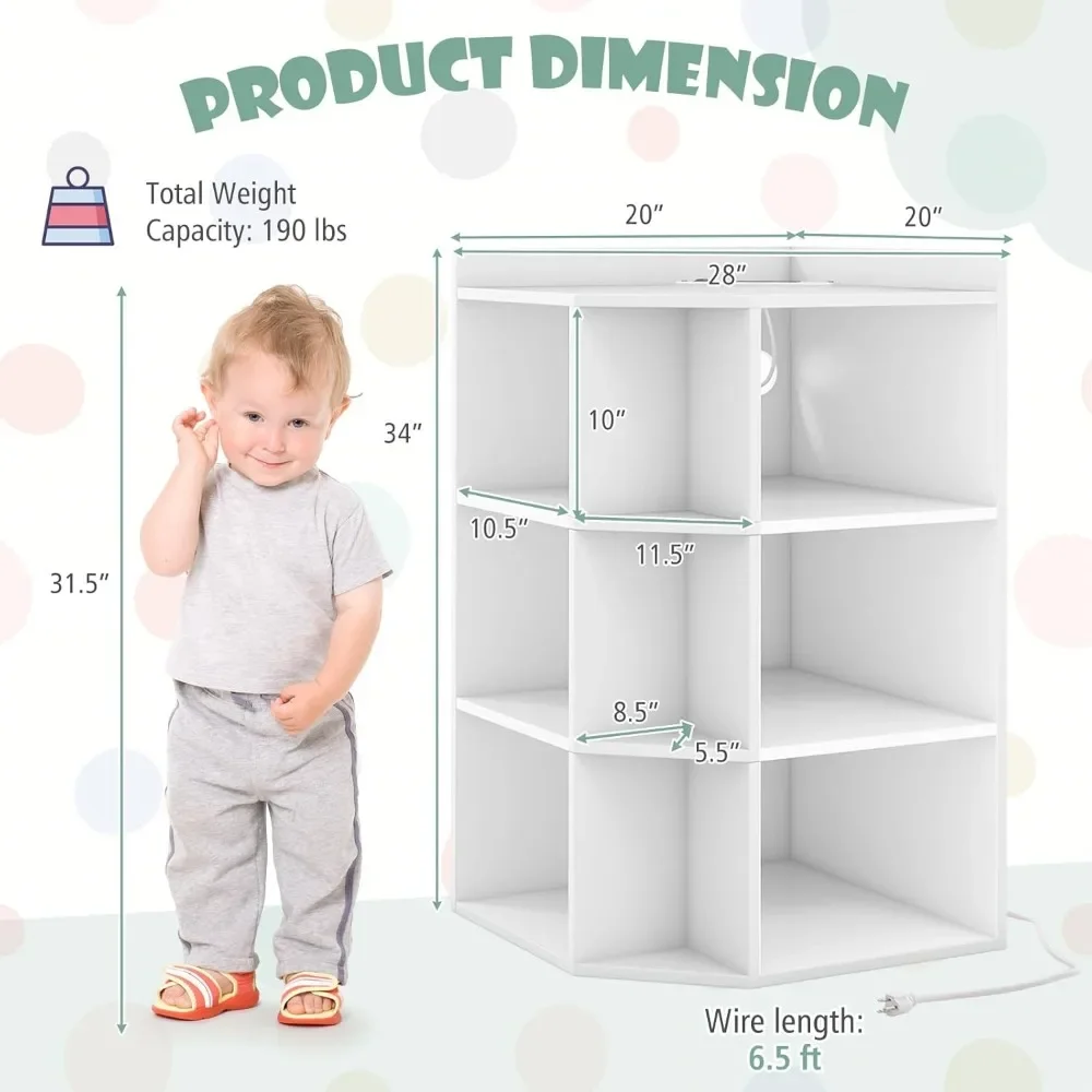 Kids Corner Cabinet with Charging Station, Wooden Cubby Bookcase with USB Ports and Outlets, 3-Tier Kids Bookshelf 3