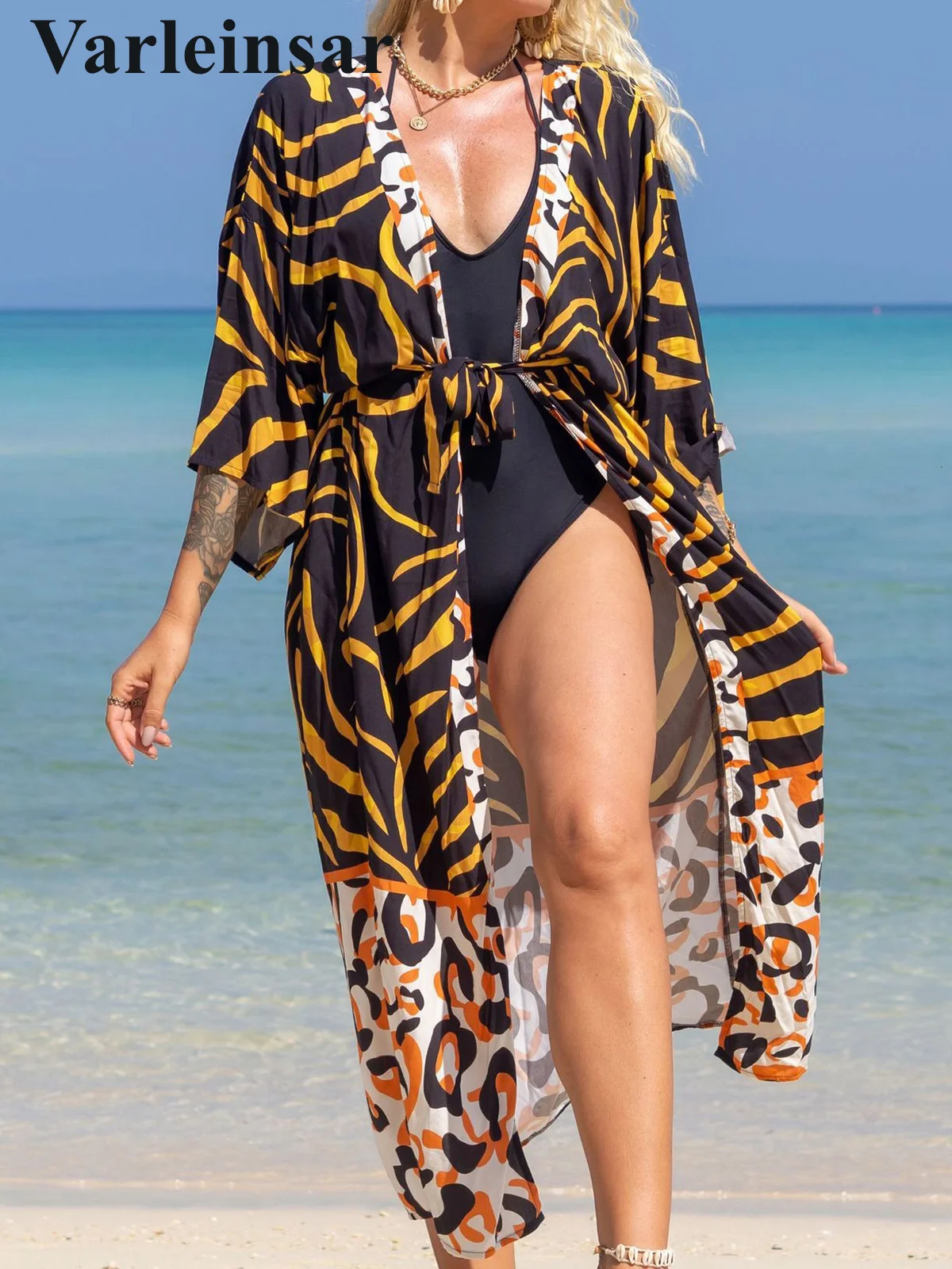 Sakkas Osiris Embellished Kimono - Hi Low V-Neck Beach Cover Up Tunic With Clasp
