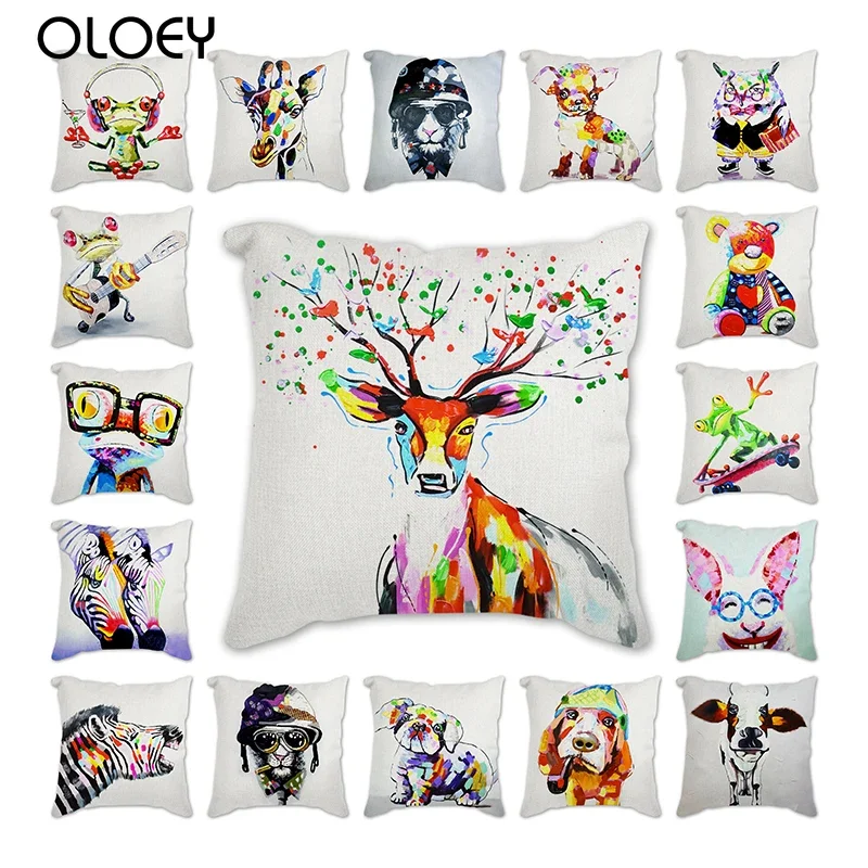 

Hot Sale Donkey Pig Cushion Cover Oil Printed Linen Home Decorative Watercolor frog zebra Pillowcases Childlike Pillow Covers