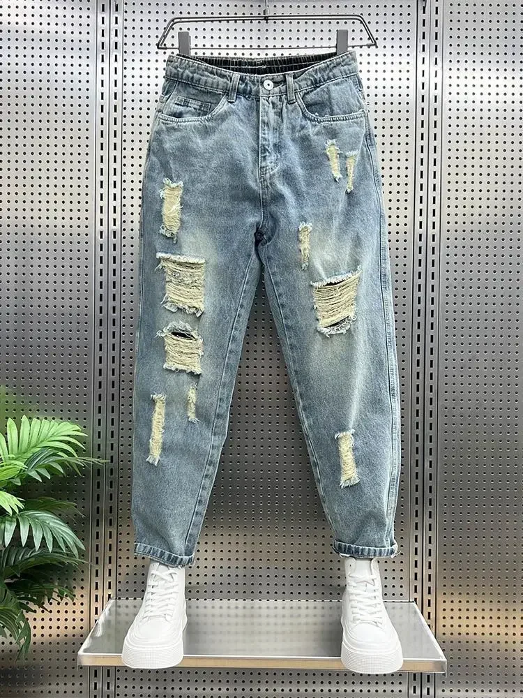 Men's Ripped Jeans Torn Broken Harem Cowboy Pants Spring Autumn Casual