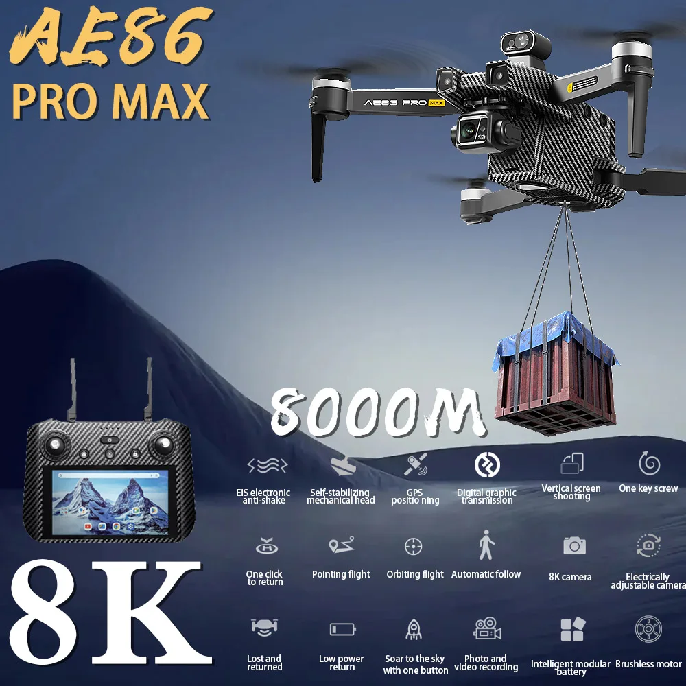전문 드론 화면 장착 FPV 광각 촬영 드론, 장애물 회피 항공기, RC 장난감, 3 축 짐벌, AE86 프로 맥스, 8km
