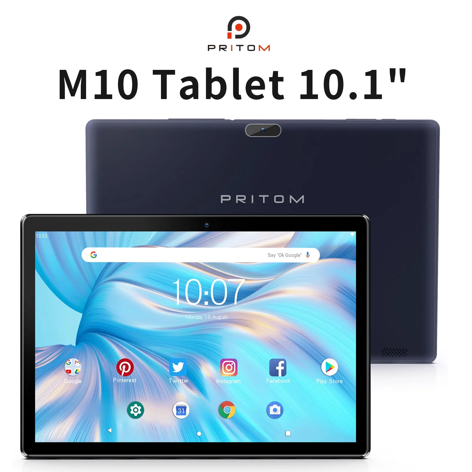 Pritom Android 10 Tablet 10,1 Zoll 2GB RAM 32GB ROM Quad Core Prozessor HD IP Écran 8,0MP Heckkamera WiFi