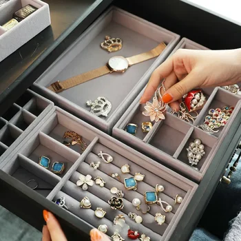 Fashion DIY Jewelry Box Drawer Storage Box Gray Soft Velvet Earrings Necklace Pendant Bracelet Tray Accessories for Women Gifts