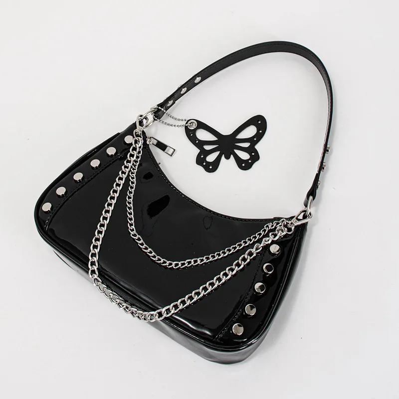 Classic Simple Women Black Patent Leather Metal Chain Butterfly Accessory Shoulder Underarm Bag Street Punk Style Rivet Handbag