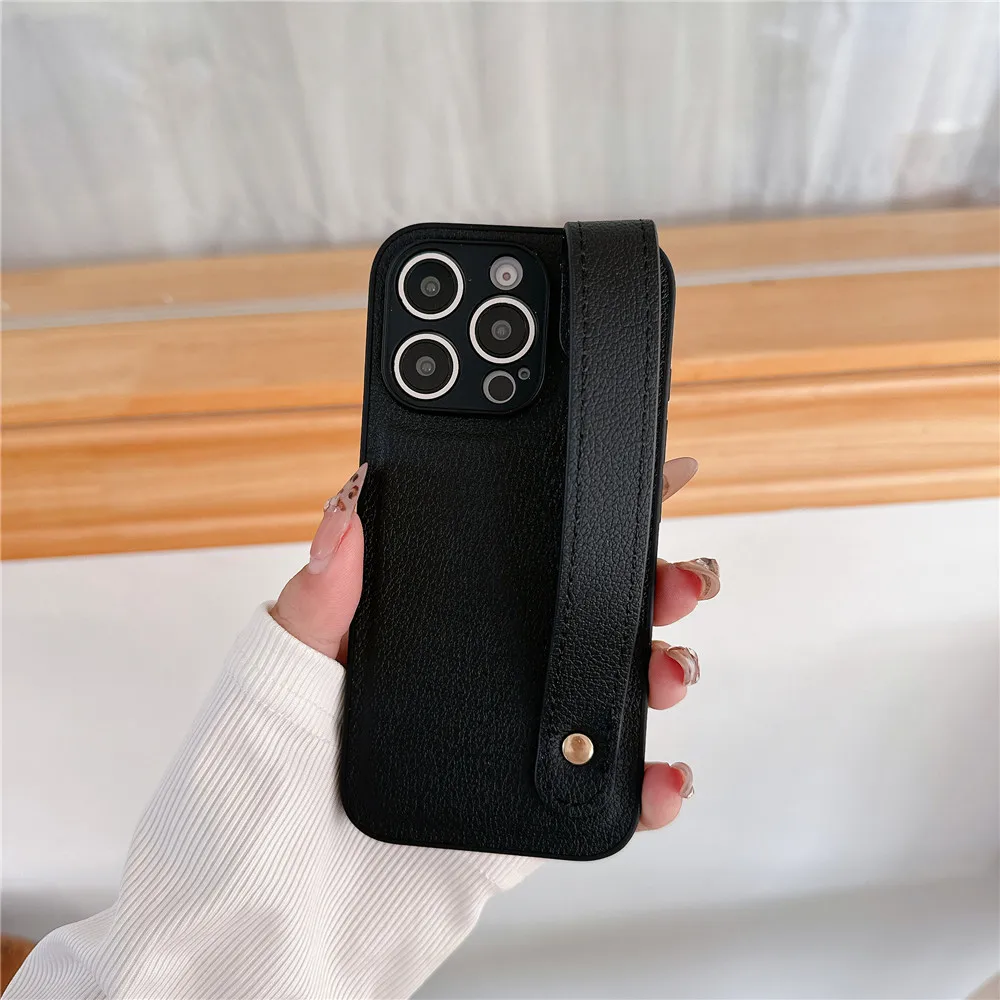 Leather Wrist Strap Bracket Holder Case with Hand Band Stand and Silicone Candy Cover