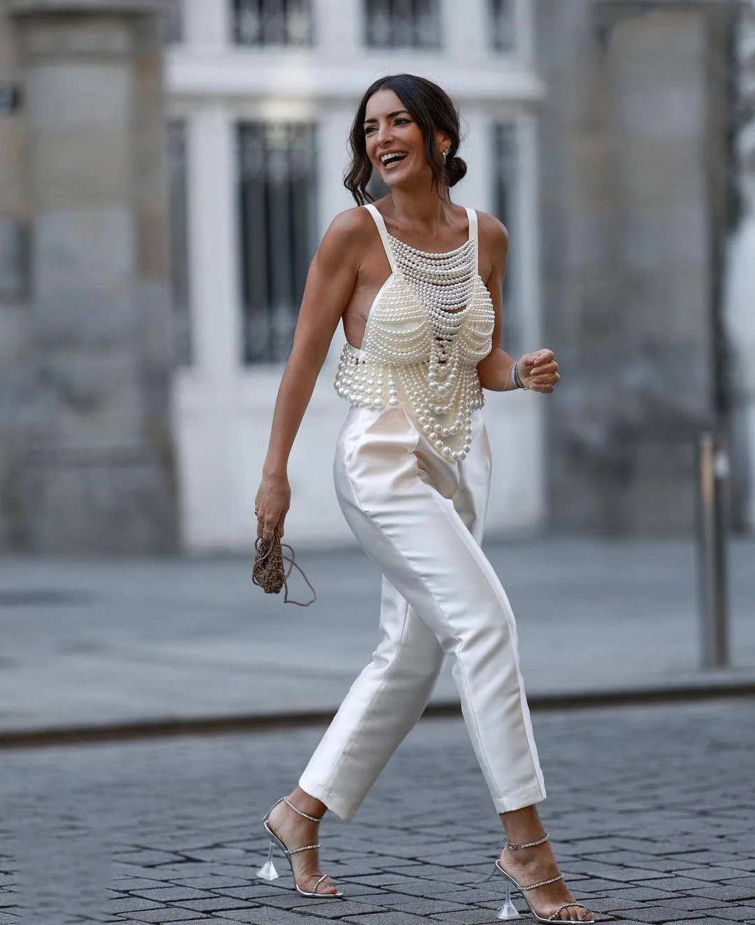 Fashion Pearl Beading Tops Wpmen V-neck Handmade Bra Top Ladies