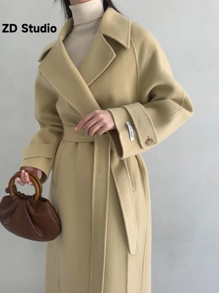 

[ZD Studio] 2023 Autumn Winter Korean Vintage Lapel Temperament Loose Lace-up Long Woolen Coat Coat Woman