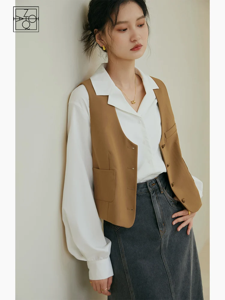 

ZIQIAO French Vintage Women Suit Vest Early Autumn Literary Simple Japanese Sleeveless Tops Office Lady Commuter Female Vests