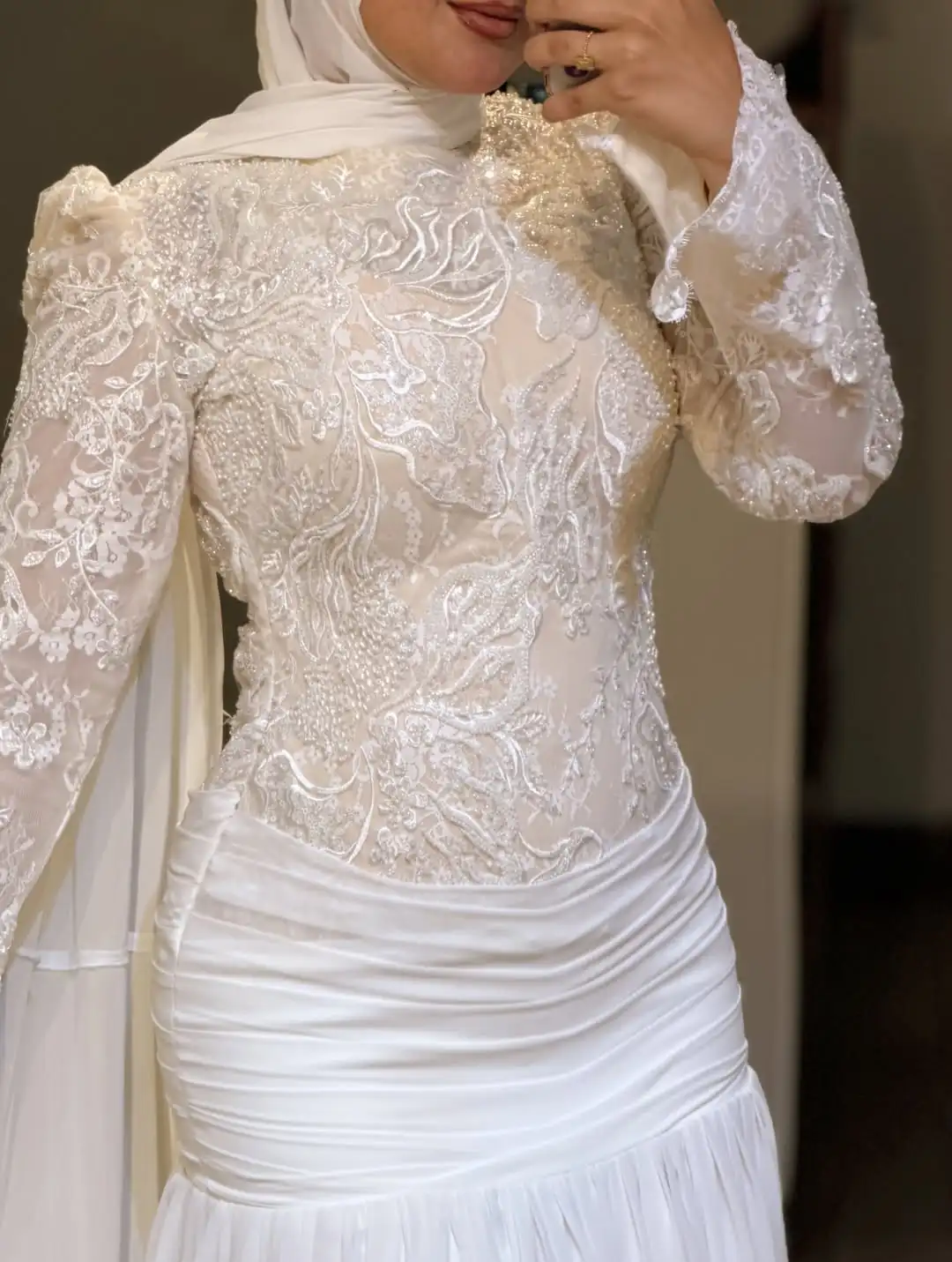 Customized Modest Muslim Hijab Wedding Dress High Neck Lace Appliques Bridal Gown Ruched Chiffon Islamic Robe De Mariée