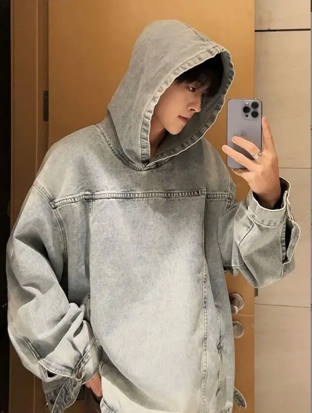 

Винтажное мужское джинсовое пальто с капюшоном Pria Klasik Kualitas Tinggi Atasan Y2k Kasual уличная одежда Аниме хип-хоп пуловер Harajuku w599