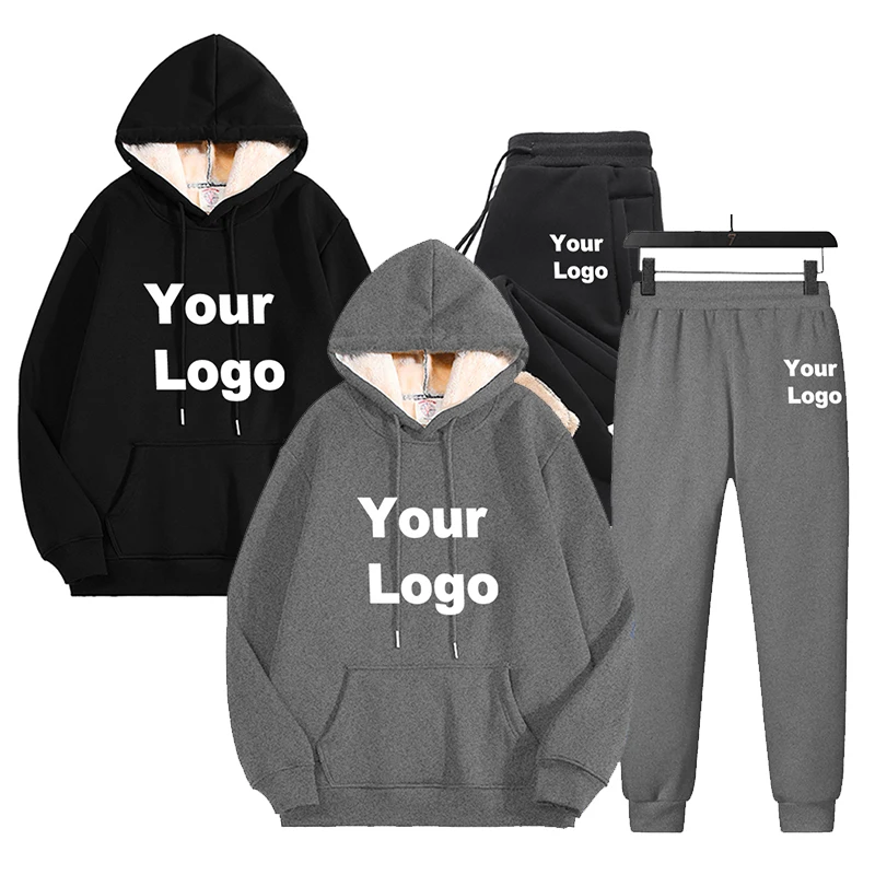 Winter Men Women Custom Logo Sets Casual Warm Suit Thick Two Peice Sets Casual Streetwear Suit Y2K Thicken Hoodies Pants